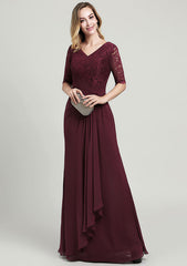 Long/Floor-Length Chiffon Mother of the Bride Dress with Ruffles Pleated Lace, Half Sleeve V Neck A-line