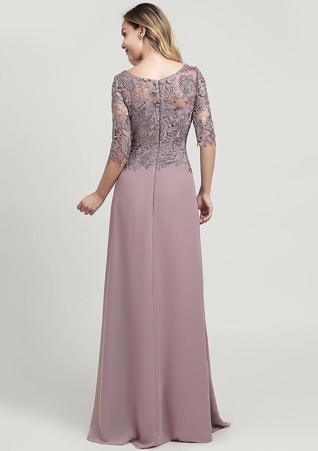 Long/Floor-Length Chiffon Mother of the Bride Dress with Ruffles Lace, Half Sleeve Scoop Neck A-line