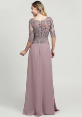 Long/Floor-Length Chiffon Mother of the Bride Dress with Ruffles Lace, Half Sleeve Scoop Neck A-line