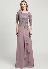 Long/Floor-Length Chiffon Mother of the Bride Dress with Ruffles Lace, Half Sleeve Scoop Neck A-line