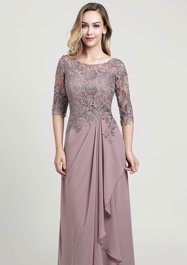 Long/Floor-Length Chiffon Mother of the Bride Dress with Ruffles Lace, Half Sleeve Scoop Neck A-line