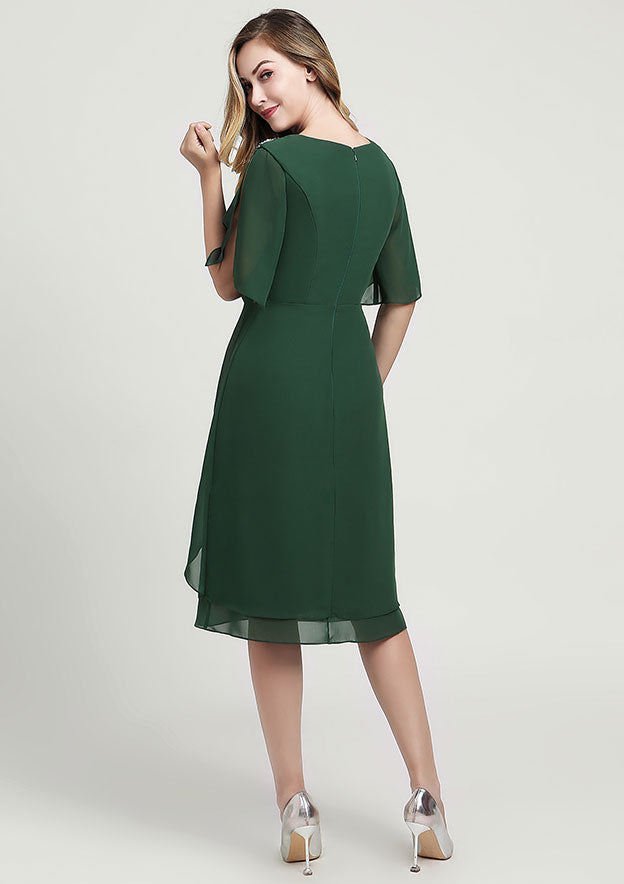 Knee-Length Chiffon Mother of the Bride Dress with Beading Ruffles, Short Sleeve Scoop Neck Sheath/Column