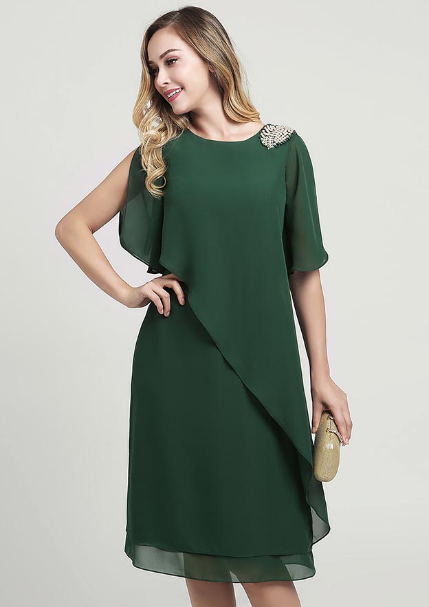 Knee-Length Chiffon Mother of the Bride Dress with Beading Ruffles, Short Sleeve Scoop Neck Sheath/Column