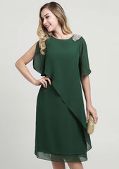 Knee-Length Chiffon Mother of the Bride Dress with Beading Ruffles, Short Sleeve Scoop Neck Sheath/Column