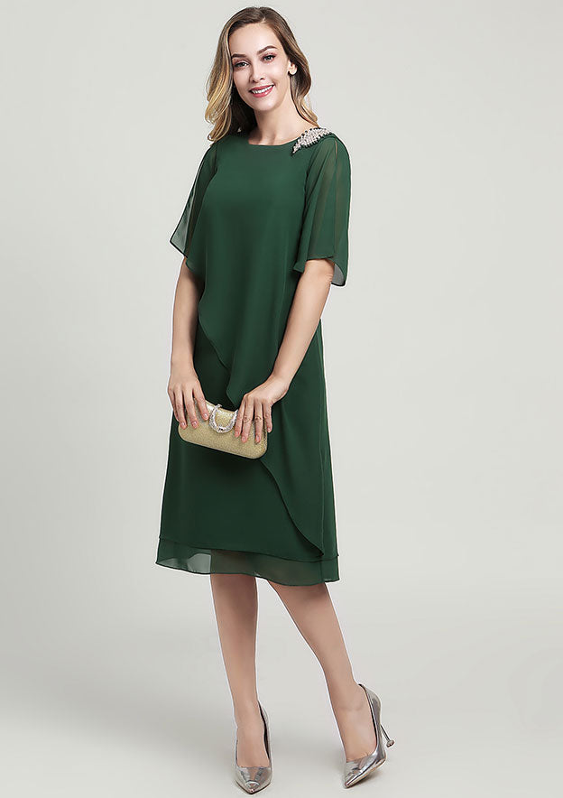 Knee-Length Chiffon Mother of the Bride Dress with Beading Ruffles, Short Sleeve Scoop Neck Sheath/Column