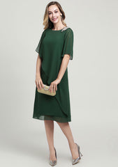 Knee-Length Chiffon Mother of the Bride Dress with Beading Ruffles, Short Sleeve Scoop Neck Sheath/Column