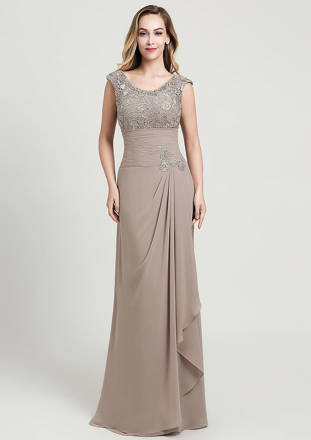 Sheath/Column Long/Floor-Length Chiffon Mother of the Bride Dress with Ruffles Lace Appliqued, Sleeveless Scoop Neck