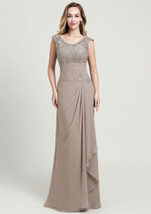 Sheath/Column Long/Floor-Length Chiffon Mother of the Bride Dress with Ruffles Lace Appliqued, Sleeveless Scoop Neck