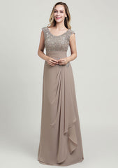 Sheath/Column Long/Floor-Length Chiffon Mother of the Bride Dress with Ruffles Lace Appliqued, Sleeveless Scoop Neck