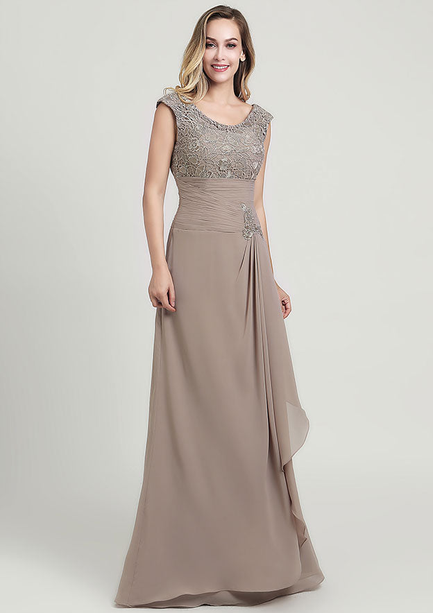 Sheath/Column Long/Floor-Length Chiffon Mother of the Bride Dress with Ruffles Lace Appliqued, Sleeveless Scoop Neck