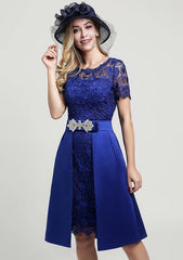 Knee-Length Lace Mother of the Bride Dress with Side Draping Waistband Beading Bowknot, Short Sleeve Scoop Neck Sheath/Column