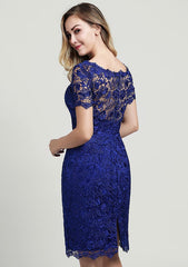 Knee-Length Lace Mother of the Bride Dress with Side Draping Waistband Beading Bowknot, Short Sleeve Scoop Neck Sheath/Column