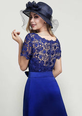 Knee-Length Lace Mother of the Bride Dress with Side Draping Waistband Beading Bowknot, Short Sleeve Scoop Neck Sheath/Column