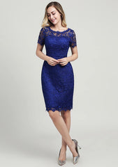 Knee-Length Lace Mother of the Bride Dress with Side Draping Waistband Beading Bowknot, Short Sleeve Scoop Neck Sheath/Column