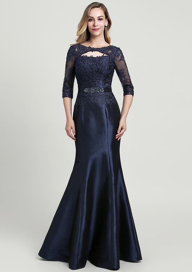Trumpet/Mermaid Long/Floor-Length Taffeta Mother of the Bride Dress with Beading Lace, Half Sleeve Scoop Neck