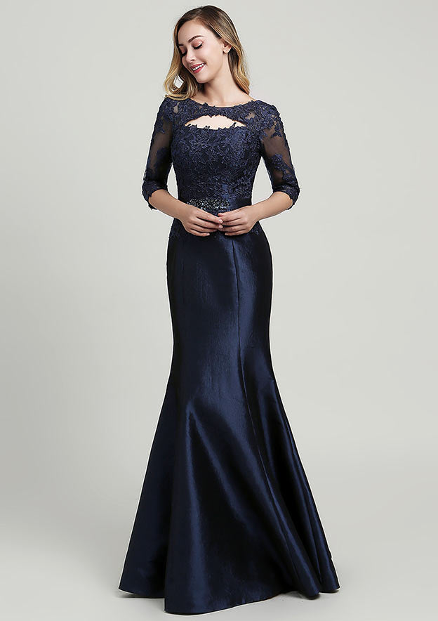 Trumpet/Mermaid Long/Floor-Length Taffeta Mother of the Bride Dress with Beading Lace, Half Sleeve Scoop Neck