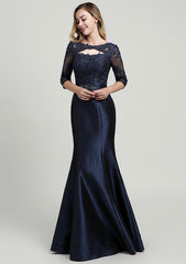 Trumpet/Mermaid Long/Floor-Length Taffeta Mother of the Bride Dress with Beading Lace, Half Sleeve Scoop Neck