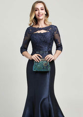 Trumpet/Mermaid Long/Floor-Length Taffeta Mother of the Bride Dress with Beading Lace, Half Sleeve Scoop Neck