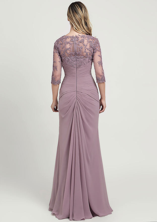 Sheath/Column Long/Floor-Length Chiffon Mother of the Bride Dress with Ruffles Lace Pleated, 3/4 Sleeve Sweetheart