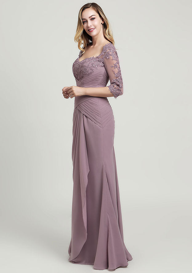 Sheath/Column Long/Floor-Length Chiffon Mother of the Bride Dress with Ruffles Lace Pleated, 3/4 Sleeve Sweetheart