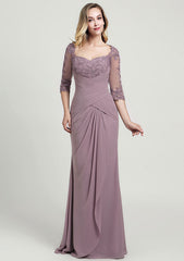 Sheath/Column Long/Floor-Length Chiffon Mother of the Bride Dress with Ruffles Lace Pleated, 3/4 Sleeve Sweetheart