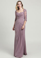 Sheath/Column Long/Floor-Length Chiffon Mother of the Bride Dress with Ruffles Lace Pleated, 3/4 Sleeve Sweetheart