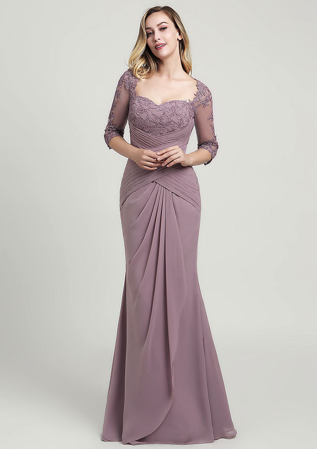 Sheath/Column Long/Floor-Length Chiffon Mother of the Bride Dress with Ruffles Lace Pleated, 3/4 Sleeve Sweetheart