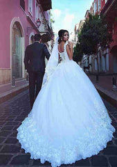 Lace Wedding Dress Ball Gown V-Neck Sleeveless Chapel Train with Appliqued