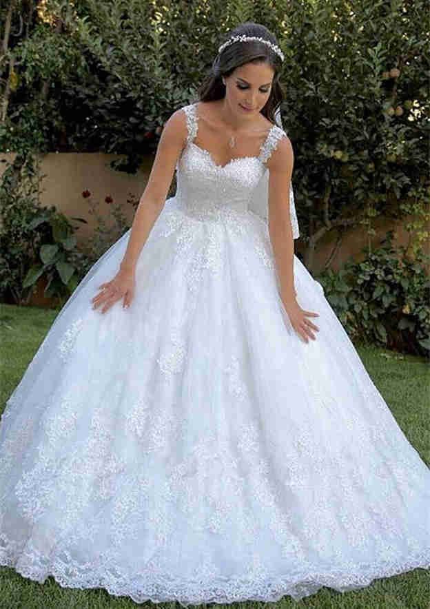 Lace Wedding Dress Ball Gown Sweetheart Sleeveless Sweep Train with Appliqued