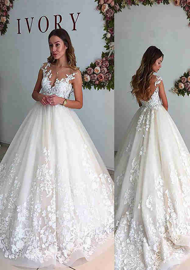 Lace Wedding Dress A-Line/Princess Illusion Neck Sleeveless Chapel Train with Appliqued