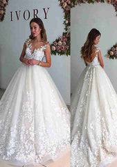 Lace Wedding Dress A-Line/Princess Illusion Neck Sleeveless Chapel Train with Appliqued