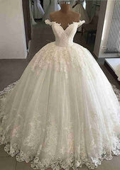 Lace Wedding Dress Ball Gown Off-the-Shoulder Sleeveless Court Train with Appliqued