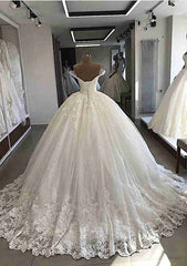 Lace Wedding Dress Ball Gown Off-the-Shoulder Sleeveless Court Train with Appliqued