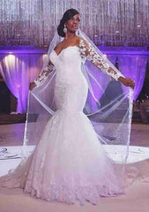 Lace Wedding Dress Trumpet/Mermaid Sweetheart Full/Long Sleeve Sweep Train with Appliqued
