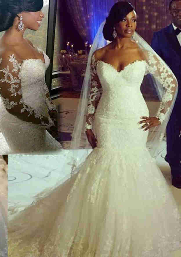 Lace Wedding Dress Trumpet/Mermaid Sweetheart Full/Long Sleeve Sweep Train with Appliqued