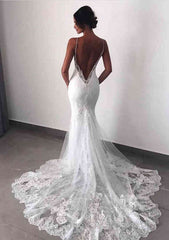 Lace Wedding Dress Trumpet/Mermaid V-Neck Sleeveless Chapel Train with Appliqued