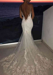 Lace Wedding Dress Trumpet/Mermaid V-Neck Sleeveless Chapel Train with Appliqued