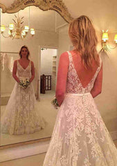 Lace Wedding Dress A-Line/Princess Sleeveless Court Train with Appliqued