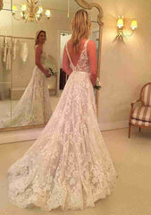 Lace Wedding Dress A-Line/Princess Sleeveless Court Train with Appliqued