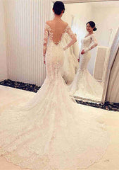 Lace Wedding Dress Trumpet/Mermaid Off-the-Shoulder Full/Long Sleeve Chapel Train with Appliqued