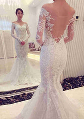 Lace Wedding Dress Trumpet/Mermaid Off-the-Shoulder Full/Long Sleeve Chapel Train with Appliqued