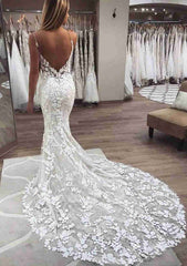 Lace Wedding Dress Trumpet/Mermaid Sleeveless V-Neck Chapel Train with Appliqued