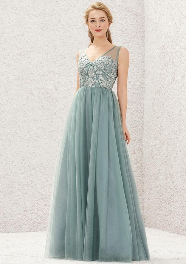 V Neck Sleeveless A-line Tulle Satin Bridesmaid Dress with Pleated Lace, Floor-Length