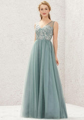 V Neck Sleeveless A-line Tulle Satin Bridesmaid Dress with Pleated Lace, Floor-Length