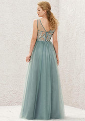V Neck Sleeveless A-line Tulle Satin Bridesmaid Dress with Pleated Lace, Floor-Length