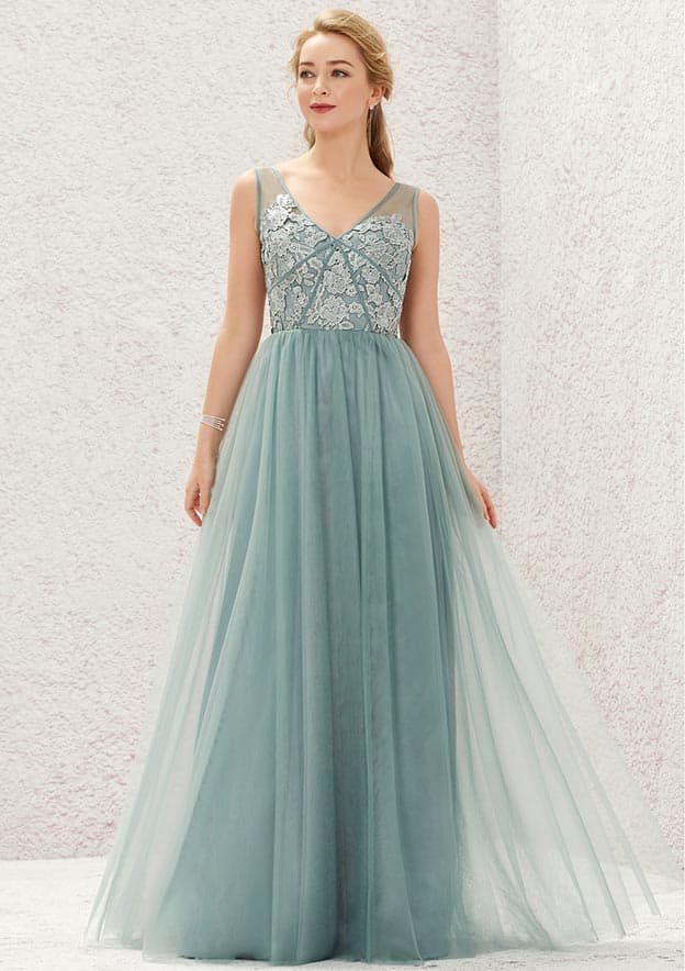 V Neck Sleeveless A-line Tulle Satin Bridesmaid Dress with Pleated Lace, Floor-Length