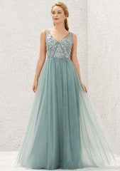 V Neck Sleeveless A-line Tulle Satin Bridesmaid Dress with Pleated Lace, Floor-Length