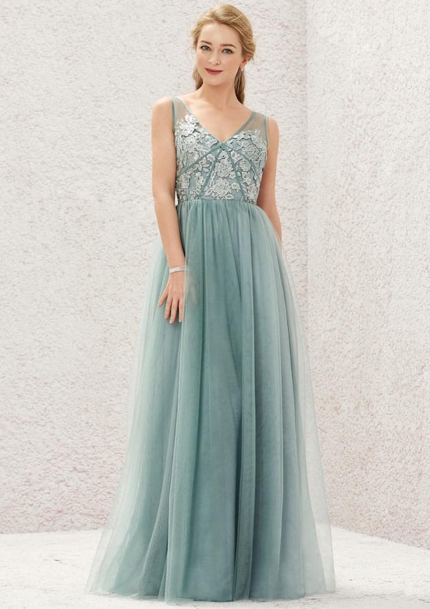 V Neck Sleeveless A-line Tulle Satin Bridesmaid Dress with Pleated Lace, Floor-Length