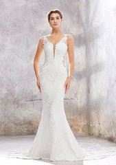 V Neck Sleeveless Chapel Train Stretch Crepe Lace Wedding Dress with Beading, Trumpet/Mermaid
