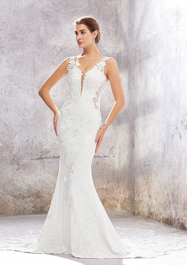 V Neck Sleeveless Chapel Train Stretch Crepe Lace Wedding Dress with Beading, Trumpet/Mermaid